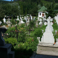 A serene cemetery in Romania with Christian crosses and tombstones, surrounded by trees, with a path leading through the resting place, on a sunny day.