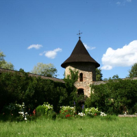 A tranquil garden with lush greenery and vibrant flowers under a clear blue sky, fronting an ancient stone tower with a conical roof, part of a historic walled compound in Romania.