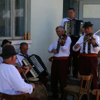 A traditional folk ensemble from Romania plays with passion, featuring an accordion, fiddle, and guitars, evoking the rich musical heritage of their culture in an outdoor setting.