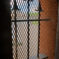 Through the metal lattice grid, reminiscent of a fortress design, a blurred outdoor scene reveals a brick wall and green foliage. The diamond-patterned black rods form an arch at the top, letting sunlight cast faint shadows on this serene view.