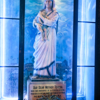 A statue of a woman in a white and blue robe cradling a child is displayed against a painted backdrop reminiscent of India's rich artistry. The scene is illuminated by blue lighting, with a plaque detailing her responsibilities and honors. Potted plants line the base inside the glass case.