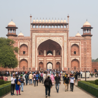 The image shows a large group of people walking towards the Great Gate (Darwaza-i-rauza) entrance of the Taj Mahal in Agra, India. The gate is an elaborate structure with intricate red and white decorative patterns, arches, and minarets. Lush green trees and manicured gardens flank the path.