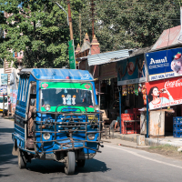 A blue auto-rickshaw drives down an Indian street lined with small shops, including a store with Amul and Coca-Cola signs. People and cows wander the roadside, while trees and a brick wall form the backdrop, showcasing various goods displayed outside the bustling stores.