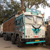 A large, old-fashioned cargo truck with a white and blue front, labeled "NFC" and "Goods Carrier," is parked on a narrow street beside a brick wall in an Indian city. The truck has numerous decorations, and other smaller vehicles are visible behind it. Leafless trees and urban buildings frame the background.