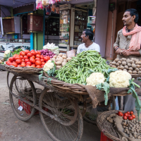 Two vegetable vendors stand beside a large wooden cart loaded with fresh produce, including tomatoes, green beans, cauliflower, potatoes, and onions. The cart is parked on a busy street in India with various shops in the background. A few customers are seen interacting with the vendors.