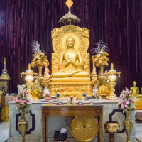 A golden Buddha statue is seated on an ornate throne with detailed carvings reminiscent of Indian artistry. The backdrop is dark and rich, enhancing the statue's glow. The altar features flowers, offering bowls, and traditional decorations. Lamps and symbolic items are placed symmetrically around the statue.