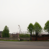 A picturesque street in Iļģuciems adorned with trees and a crane at a distance.