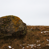 A moss-covered rock stands prominently in a Karosta winter landscape, with patches of snow scattered around the sparse, dry grass under a gloomy, overcast sky.