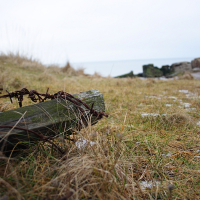 A weathered wooden post wrapped in rusty barbed wire lies in the foreground, surrounded by dry grass and sparse patches of snow. In the background, more wooden posts and rocks scatter across the desolate Karosta coastline, with an overcast sky and calm sea visible on the horizon.
