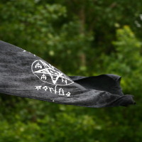 A black flag with white symbols and markings waves in the wind against a backdrop of lush green trees. The flag appears slightly wet, possibly from recent rain at Kilkim Žaibu in 2011, and is attached to a metal pole on the left side of the image. The symbols on the flag include geometric shapes and letters.