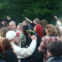 A group of people gather outdoors, many raising their arms and pointing or clenching their fists. One person wears a floral crown and another has bright red hair. The crowd, dressed in casual clothing against a backdrop of trees, suggests a lively event or protest reminiscent of Kilkim Žaibu 2011.