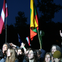 A group of concertgoers stands closely packed at the 2011 Kilkim Žaibu outdoor event, some raising their hands in excitement. The crowd, mostly young adults, appears engaged. Several flags, including a prominent yellow, green, and red one, wave in the background against the dark, tree-lined night sky.