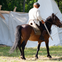 A person dressed in historical attire rides a brown horse in front of a white canvas tent with wooden supports in a grassy, wooded area at the 2012 Kilkim Žaibu festival. The rider's back is turned to the camera, and other people and trees can be seen in the background.