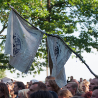 A crowd of people gathered outdoors beneath lush green trees at the 2012 Kilkim Žaibu festival. Two white flags with blue circular symbols are attached to a single branch held above the crowd. The sky is clear, creating a bright and cheerful atmosphere at the gathering.