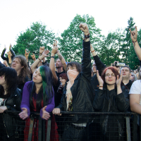 A large crowd of enthusiastic concertgoers stands behind a barricade at the 2012 Kilkim Žaibu festival. People are dressed in casual clothing and leather jackets, some with dyed hair and accessories. Many raise their fists in the air, cheering energetically. Trees and a clear sky are visible in the background.