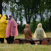 A group of people wearing yellow, pink, and clear rain ponchos stands and sits in a grassy area near logs at Kilkim Žaibu 2012. The ponchos shield them from the rain as they enjoy the misty, damp outdoor setting. Some festival-goers are seated on the logs, while others stand nearby.