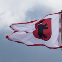 A flag featuring a black bear on a red crest flutters against a cloudy sky during Kilkim Žaibu 2012. The flag is bordered in red and white, mounted on a wooden pole. The bear stands on its hind legs, and the image captures the flag in motion, with part of it slightly blurred due to the wind.