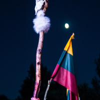 A hand holds up a wooden staff adorned with an animal skull and tufts of white fur. In the background, a moonlit night sky is visible, along with a flag featuring horizontal stripes of yellow, green, and red. Dark silhouettes of trees are seen against the sky, reminiscent of Kilkim Žaibu 2015.