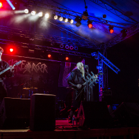 A band performing live on stage at the 2015 festival under colorful lighting. Three members are visible, each playing a string instrument, with the middle one singing into a microphone. The stage is equipped with various lighting and sound equipment, and the backdrop proudly displays "Kilkim Žaibu.