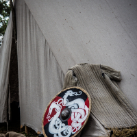 A medieval-style canvas tent with a positioned shield leaning against it. The shield, featuring a red, white, and black interwoven serpent design, stands proudly. A padded garment resembling traditional armor or tunic is draped nearby. Hay covers the ground, evoking the 2015 Kilkim Žaibu festival's historical reenactment setting.