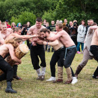A group of men, many shirtless, participate in a log-tugging competition at the Kilkim Žaibu 2015 festival. Divided into two teams, they pull on opposite ends of a large log as spectators in casual attire watch the event, with green trees in the background under a cloudy sky.