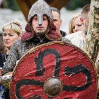 A man dressed as a medieval warrior, wearing a helmet and chainmail, holds a large, round red shield with black serpent-like designs. Behind him stand several people, some appearing to support him. The scene appears to be part of an outdoor historical reenactment at the 2015 Kilkim Žaibu festival.