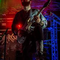 A guitarist with a beard and shoulder-length hair performs on stage with an electric guitar during the 2015 Kilkim Žaibu festival. He wears a dark shirt with embroidered sleeves, as stage lights in red, blue, and green illuminate the background. A blurred band logo and musical equipment are visible behind him.