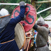 At the 2015 Kilkim Žaibu festival, two medieval reenactors, clad in chainmail and helmets, engage in combat. They wield combat shields and swords; one shield is painted with a prominent red design. Spectators, including adults and children, watch intently from the background, with trees and a rustic structure behind them.