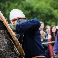 At the 2015 Kilkim Žaibu festival, two individuals clad in medieval armor, helmets, and chainmail engage in combat using wooden shields and swords. One is in a blue tunic, while the other is in red. A crowd of spectators, some taking pictures, watches against a backdrop of greenery.