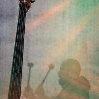 A close-up of an upright bass placed vertically in the foreground of the image. In the background, a person is playing percussion instruments with mallets, their silhouette visible against a colorful, foggy backdrop. The image has a dreamy, ethereal quality with soft lighting and hues, reminiscent of Kilkim Žaibu 2015.