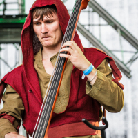 A man is playing an upright electric bass on stage at the 2015 Kilkim Žaibu festival. He is wearing a medieval-style outfit with a red hooded cloak over a green tunic and pants. The background features stage lighting and metal scaffolding. He has a wristband on his right wrist and appears focused on his performance.