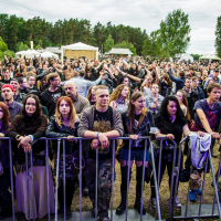A large crowd gathers outdoors at the Kilkim Žaibu event, standing behind metal barricades. The attendees, wearing various styles of clothing including band shirts and jackets, are actively watching a 2015 performance. Trees and tents are visible in the background under a cloudy sky.