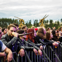A crowd at the 2015 Kilkim Žaibu festival is gathered behind a metal barrier. A man in the foreground holds and blows into a horn. Many attendees have long hair and wear dark clothing. Trees and large wooden structures are visible in the background under a cloudy sky.