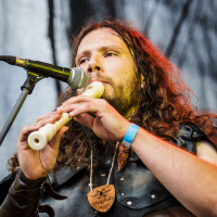 At the 2015 Kilkim Žaibu festival, a man with long curly hair plays a recorder into a microphone on stage. He is wearing a medieval-inspired outfit with a leather armband and a blue wristband on his right arm. The background features a blurred, dark stage curtain. He has a focused expression and is facing slightly to the right.
