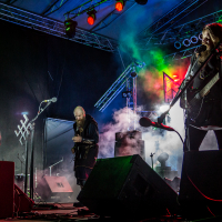 A live music performance at the Kilkim Žaibu 2015 festival features three musicians on stage. They are illuminated by vibrant colored lights with fog enhancing the visual atmosphere. The musicians are playing guitars and appear deeply engaged in their performance. The stage has a metal frame and various sound equipment.