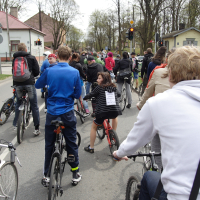 A group of cyclists, participating in a Kritiska masa event, ride on a street viewed from behind. The riders are of varying ages, dressed in casual clothing. Trees line the street with houses visible on either side. A woman in the center has a sign on her back. Traffic lights ahead indicate red under an overcast sky.