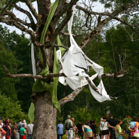 A group of people stand gathered near a large tree, decorated with pieces of green and white fabric draped and wrapped around its branches. The scene appears to be set in a lush, green outdoor area with trees and foliage in the background. Numerous people, including children, are present, evoking the spirit of Laba daba 2011.