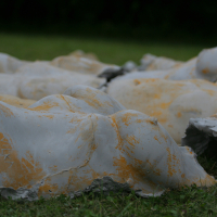 Broken stone or plaster sculptures of human torsos, partially covered in yellow and white paint, lie on green grass. The fragments are scattered, evoking a Laba daba vibe set against a dark green blurred background, suggesting an outdoor setting like a park or garden in 2011.