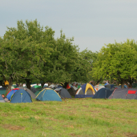 A large group of tents is set up in a grassy field with several trees scattered throughout. The colorful tents, reminiscent of the 2011 Laba Daba festival, include blue, green, and yellow. People are seen near the tents, and a handmade sign is visible among the trees. The sky above is slightly overcast.
