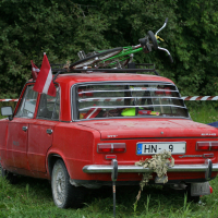 A vintage red car, adorned with a 2011 European license plate reading "HN - 9," is parked on a grassy area beside a forest. A green bicycle is mounted on the car's roof, and the vehicle features a red flag on the left rear side, along with some foliage attached to the trunk.