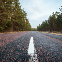 A long, straight road toward Mazirbe, lined with a white center line, stretches into the distance, flanked by dense pine forests on both sides. The sky is overcast, and the road surface is reddish-brown, suggesting a rural setting. Power lines run parallel to the road on the right side.