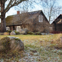 A rustic wooden house in Mazirbe, with a moss-covered roof, sits among leafless trees. Large rocks are scattered across the grassy foreground, lightly dusted with frost. Another wooden structure is partially visible to the right. The overcast sky suggests a chilly, late autumn day.