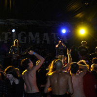 A live band performs energetically on stage under intense yellow and blue lighting at Metalshow '09. The audience, some shirtless and others clothed, enthusiastically raises their arms and cheers. The band's backdrop displays the word "STIGMA." The dark atmosphere highlights the lively concert vibes.