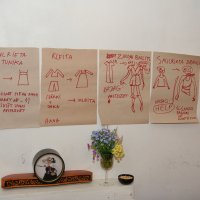 Five hand-drawn instructional posters featuring step-by-step illustrations on how to make various clothing items in different Modes are displayed on a white wall. Below the posters, a small shelf holds a clock, a potted plant with colorful flowers, and a glass jar of talka.