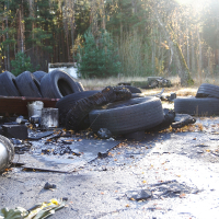 A skulte of tires in a wooded area.