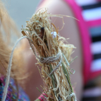 Close-up image of hands holding a small bundle of dry straw tied together with thin strings. The background is blurred but shows part of a person wearing a pink and black striped garment, likely indicating an outdoor setting, perhaps at a kapusvētki event.