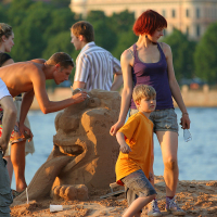 A group of people are building sand sculptures by a body of water on a sunny day, celebrating Oligarhu kapusvētki. One shirtless man is sculpting a figure, while a woman with red hair in a purple tank top and shorts stands near a young boy in an orange shirt. Others converse in the background.