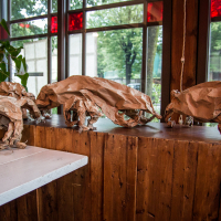 Four animal sculptures crafted from crumpled brown paper bags are displayed on a wooden windowsill. The animals resemble a bear, a dog, and other quadrupeds. Green potted plants and large windows with views of trees and buildings are visible in the background, evoking a Papīra objektu festivāls vibe.