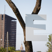 A large, white, capital letter "E" is attached to the trunk of a leafless tree. In the background, there is a tall, brown, rectangular building with many windows, set against a clear blue sky at Piens Fest 2014. The lower part of the image contains some green foliage and the top of another building.