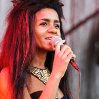 A person with voluminous long hair holds a microphone while performing on stage at Piens Fest 2014. They wear a strapless black outfit adorned with a decorative collar featuring intricate gold details. The background is blurred, highlighting the performer under warm stage lighting.